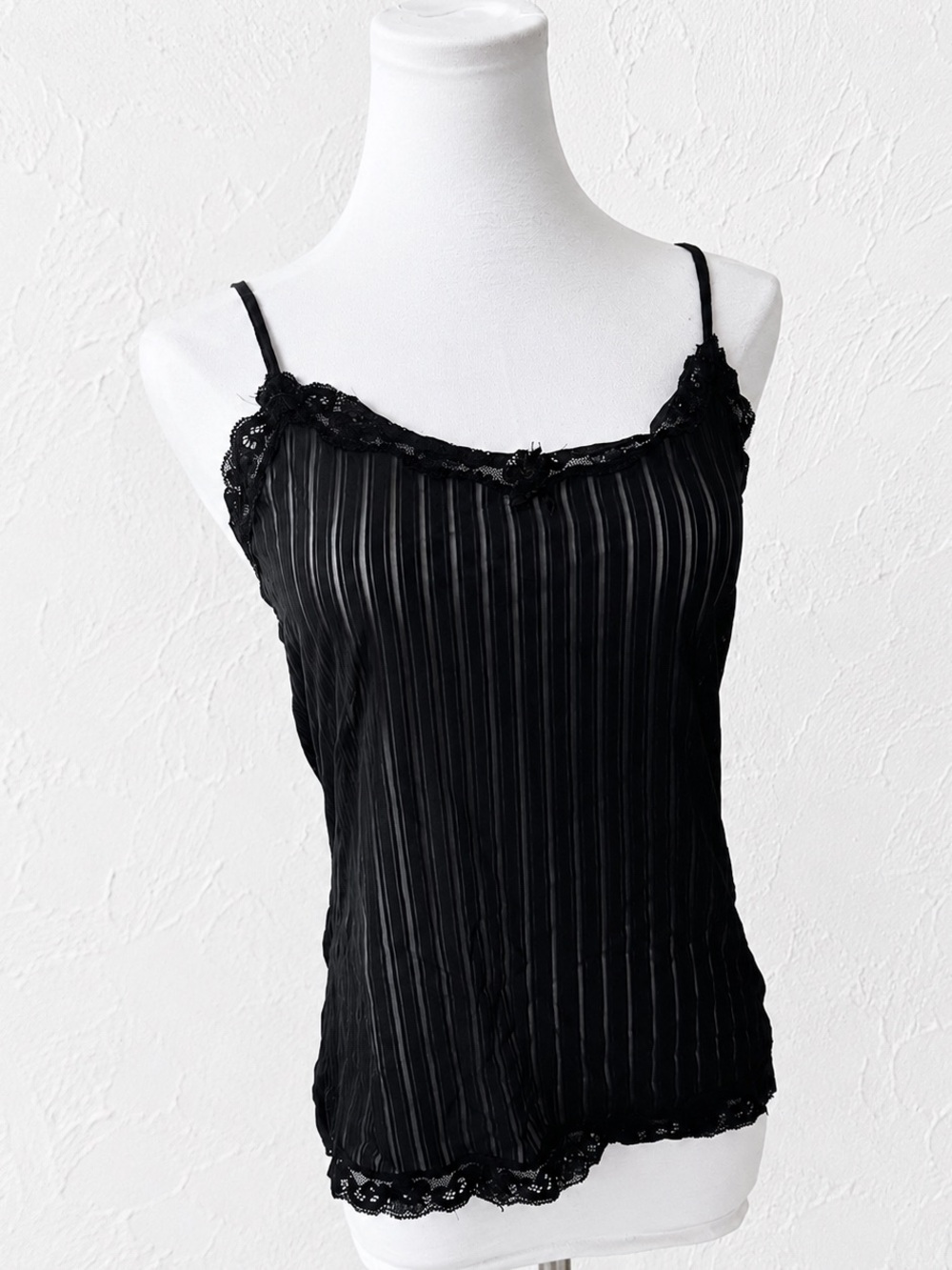 Black Sheer Lace Camisole Tank Top Vintage Y2K Pinstripe Slip Cami M